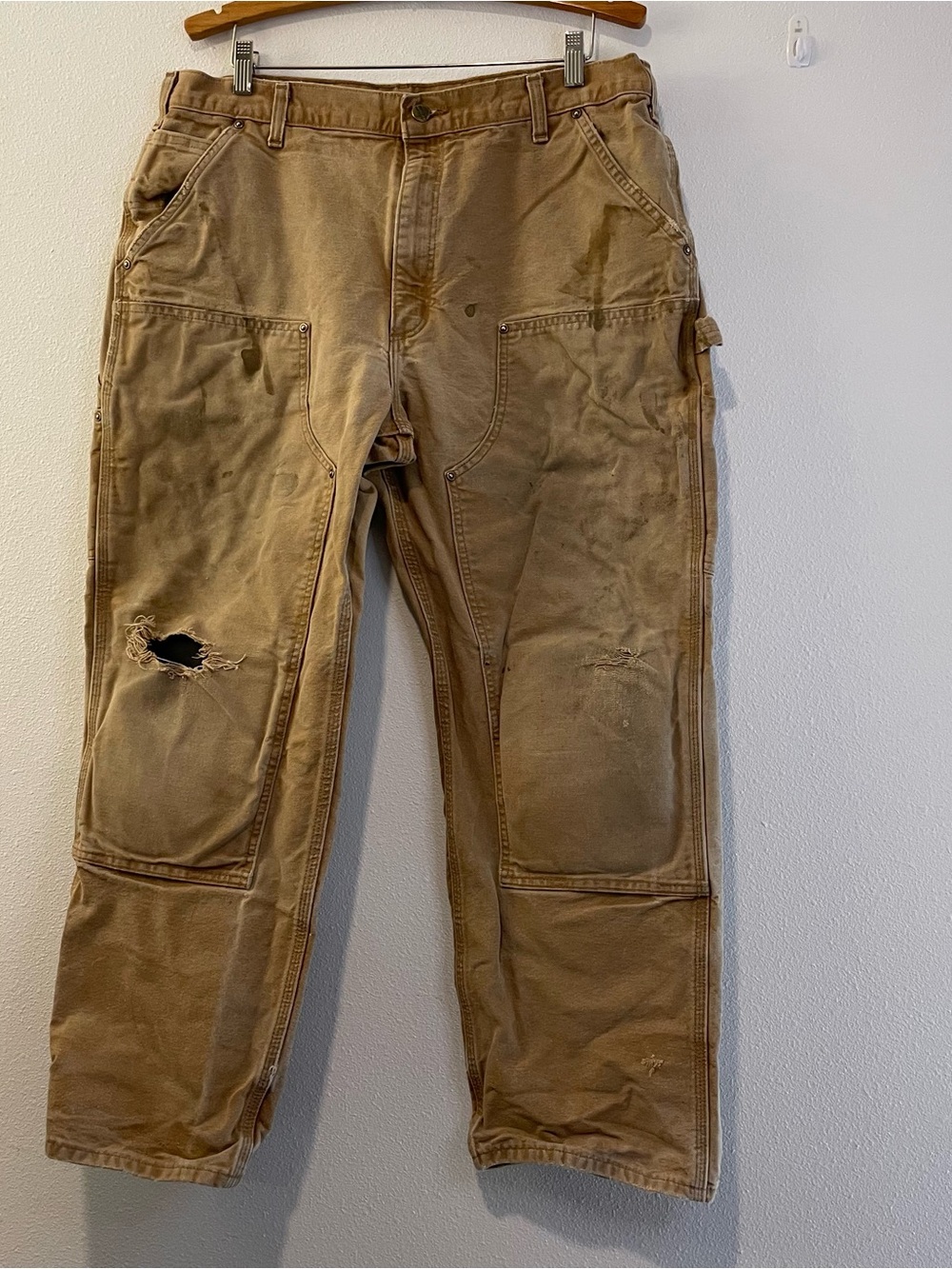 Thrashed Carhartt Double Knee Carpenter Work Pants 38x30 B136 Faded Distressed